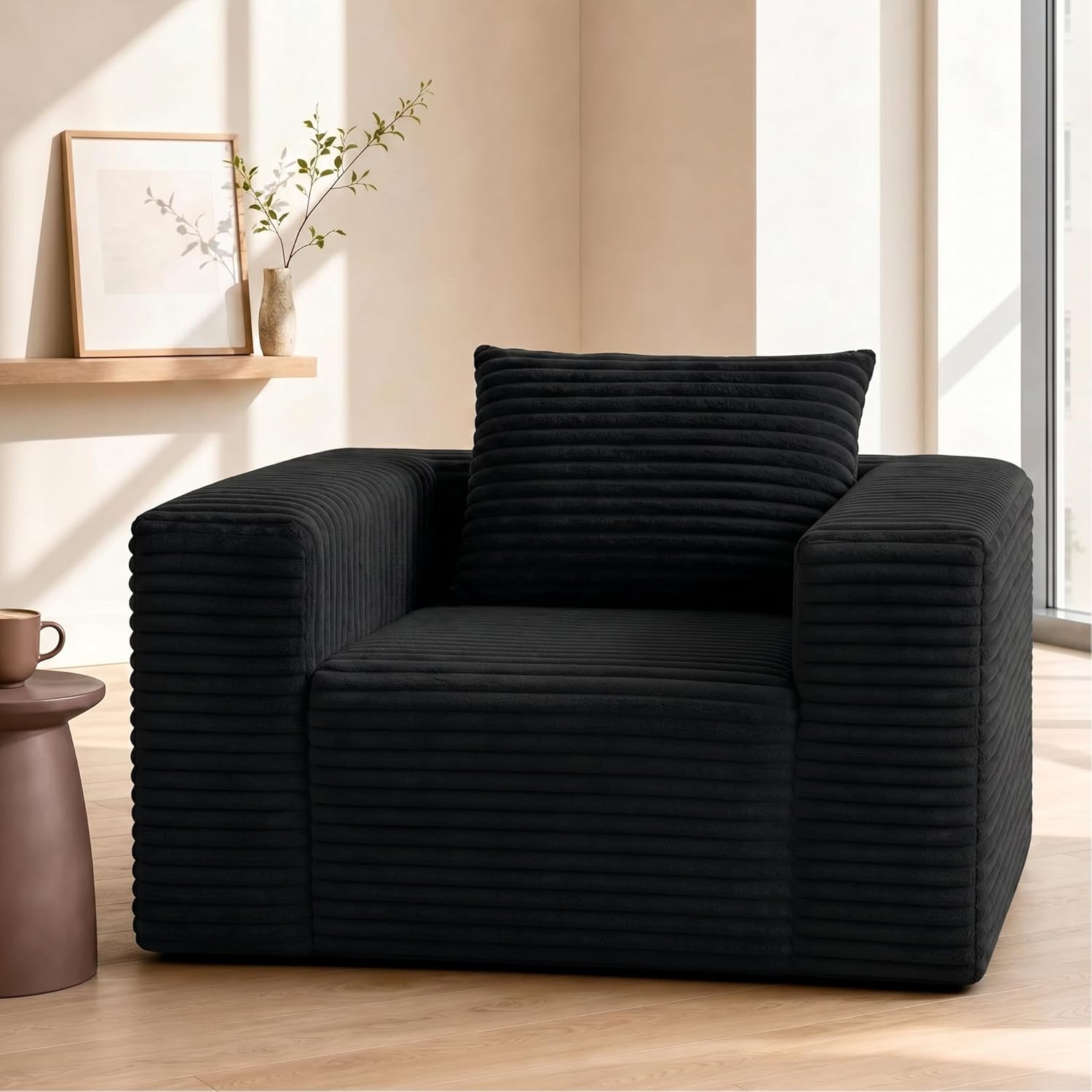 Mini Boneless Single Sofa Chair, Corduroy Cloud Couch with Pillow & Wide Armrests, High-Density Foam Reading Lounge for Living Room & Bedroom – No Assembly Required, Black