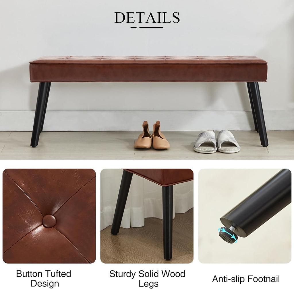 LOULENS Entryway Bench, Modern PU Leather Upholstered Bench with Buttons Tufted for End of Bed, Bedroom, Living Room, Foyer, Hallway, Brown