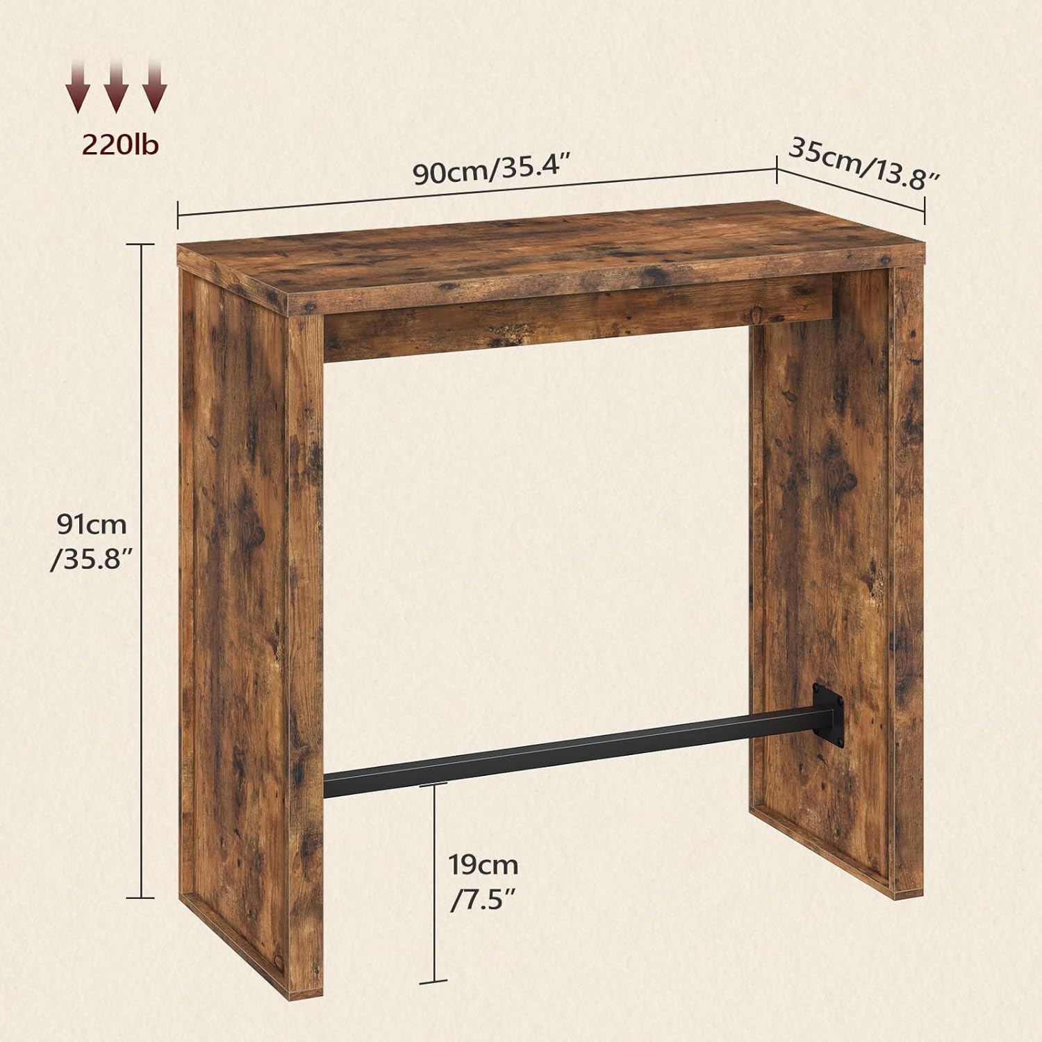 MAHANCRIS Bar Table, 35.4" Counter Height Pub Table, Industrial Rectangular Hightop Table, Kitchen Dining Bar Height Tables with Footrest, for Narrow Space, Rustic Brown and Black （Only Table）BTHR1901