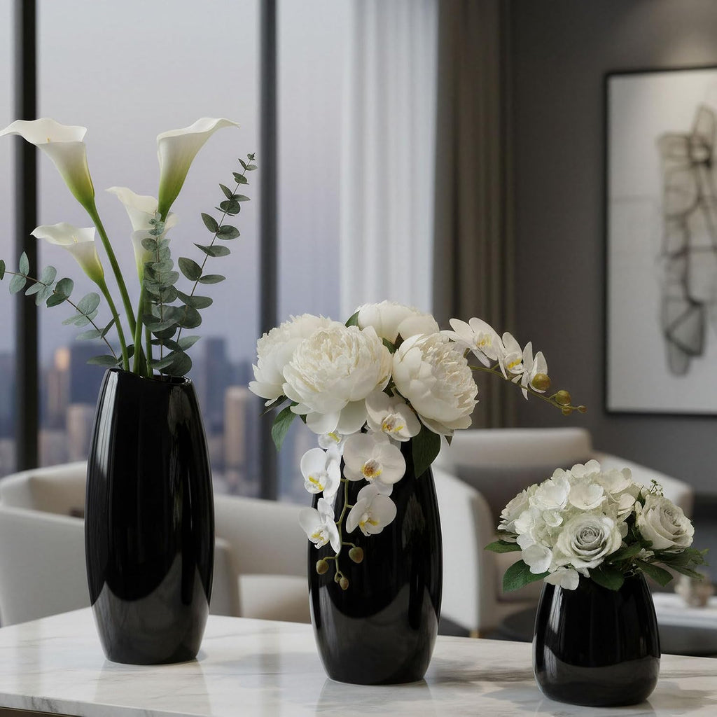 hjn Ceramic Vase Set of 3 Black Flower Vase for Home Decor, Modern Decorative Vase for Flowers/Ideal Shelf Decor/Table/Living Room/Kitchen/Office-Black