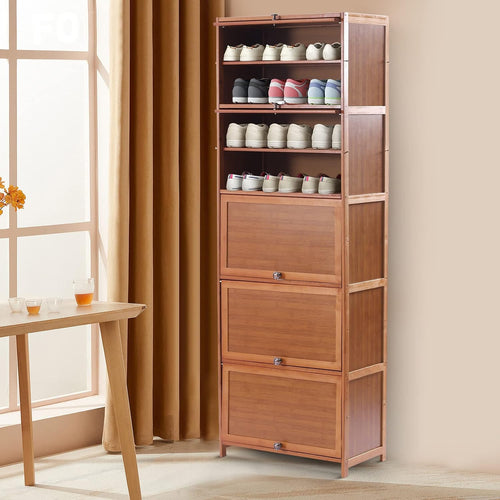 10-Tier Tall Bamboo Shoe Storage Cabinet, 67.72In Removable Freestanding Shoes Storage Cabinet with 5 Doors, 20 Pairs Sneakers Rack Organizer for Entryway Office Living Room, Brown