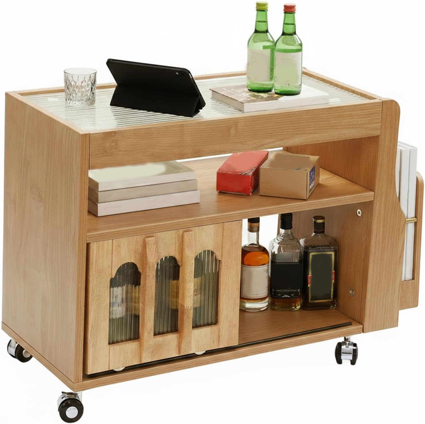 Solid Wood End Table with Storage & Wheels, Narrow Side Table with Magazine Rack & Glass Door Cabinet, Small Couch Side Table for Living Room, Slim Nightstand for Bedroom Space Saving