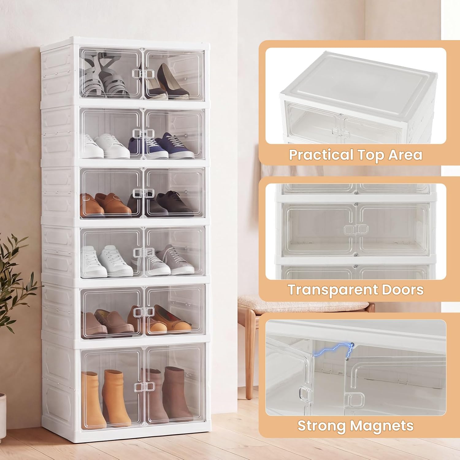 Giantex 6-Tier Foldable Shoe Rack Organizer, 12 Pairs Plastic Shoe Storage Box w/Magnetic Door, Space-Saving Collapsible Shoe Shelf for Entryway Living Room Cloakroom Closet, Easy Assembly