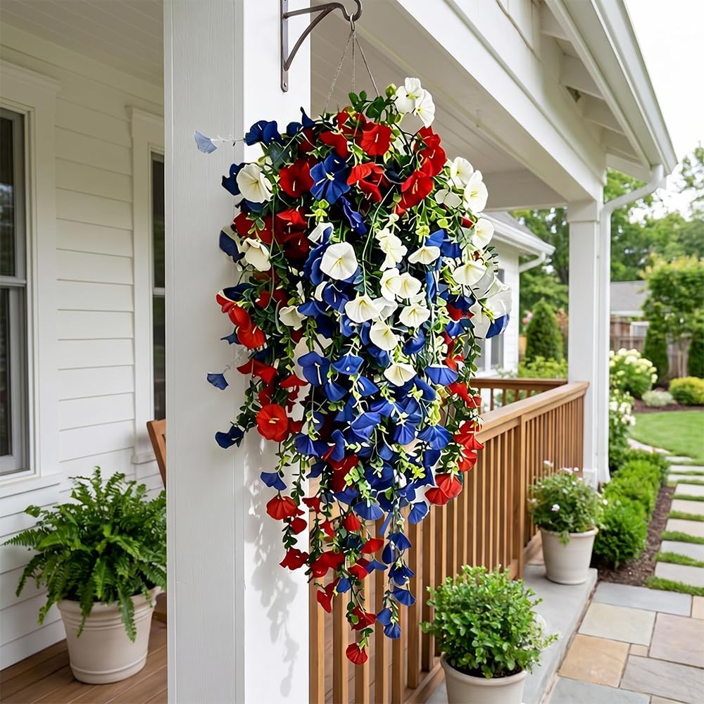 AIIONP Patriotic Hanging Flower Baskets, 2026 New Red White and Blue Hanging Flowers, 4th of July Decoration Tricolor Pre-Lit Patriotic Artificial Flower Set for Indoor Outdoor (Without Light, 1 PCS)