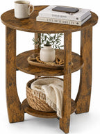 Round Side Table, 3-Tier End Table with Storage, 19.7 inch Rustic Brown Accent Table,Nightstand for Bedroom Living Room, Vintage Design for Couch, Sofa, Recliner, Small Space