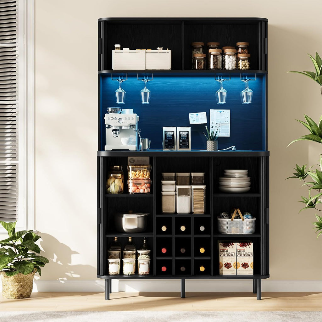 ONBRILL 71" Tall Wine Bar Cabinet with Storage, Fluted Wood Coffee Bar Cabinet with LED Lights, Modern Liquor Cabinet for Home with Wine Glass Racks, Large Home Bar for Living Room Kitchen
