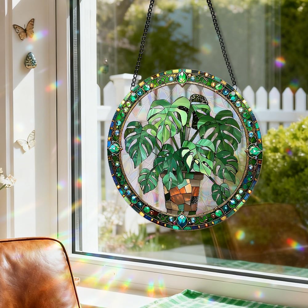 Acrylic Suncatcher Window Hanging, Leaf Sun Catcher Rainbow Indoor Window Decoration for Living Room Bedroom, Summer Home Balcony Ornaments Deco, 7.87 x 7.87 inches (64 Leaf)