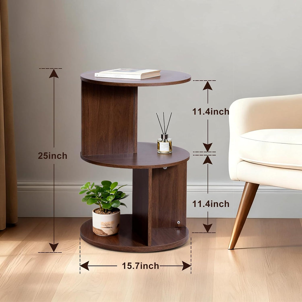 Wood 2-Tier 360° Rotating Bookshelf, Narrow Corner Bookcase & Accent Table, Floor Standing Storage Rack for Kids Bedroom Living Room, Space Saving