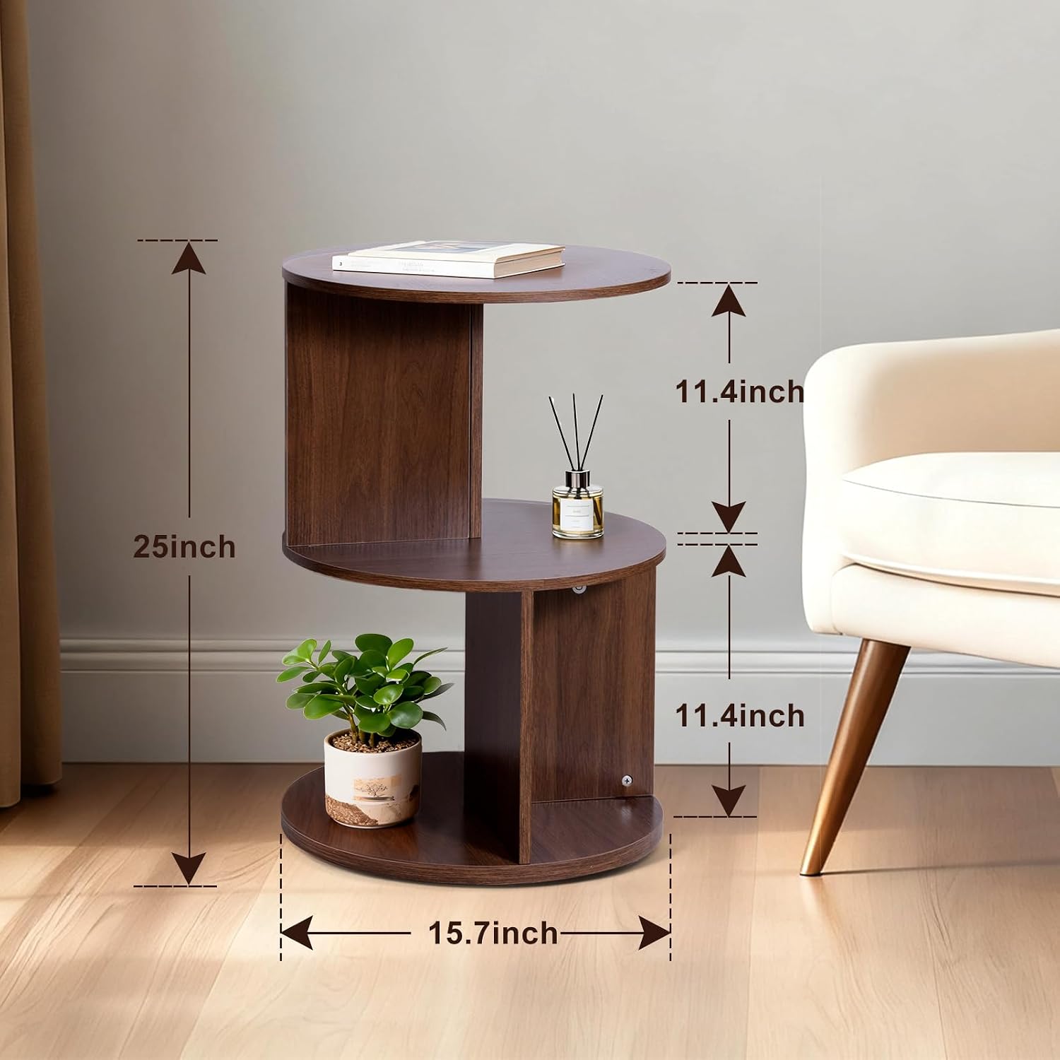 Wood 2-Tier 360° Rotating Bookshelf, Narrow Corner Bookcase & Accent Table, Floor Standing Storage Rack for Kids Bedroom Living Room, Space Saving