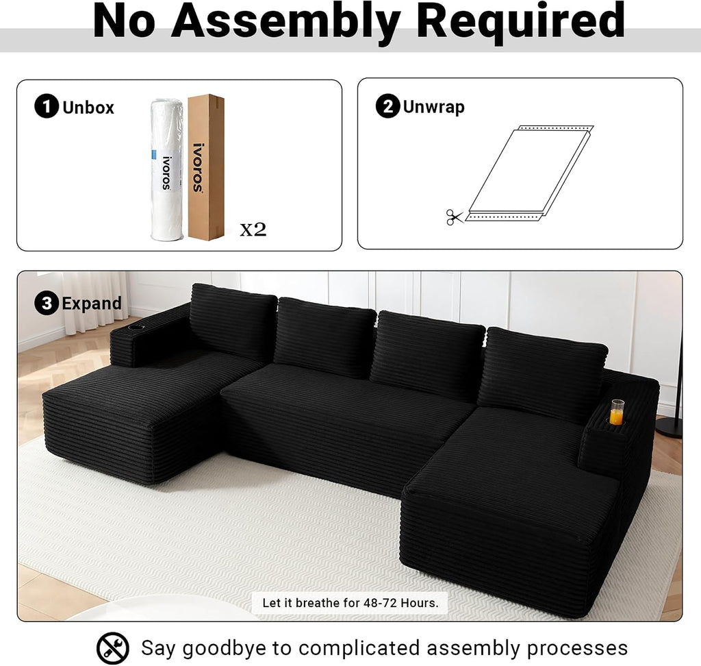 ivoros 125" Cloud Couch Sectional, Modular Sofa with Cup Holder and Storage Pocket, Corduroy U Shaped Boneless Sofas, Couch in a Box, No Assembly Required, Black Couches for Living Room