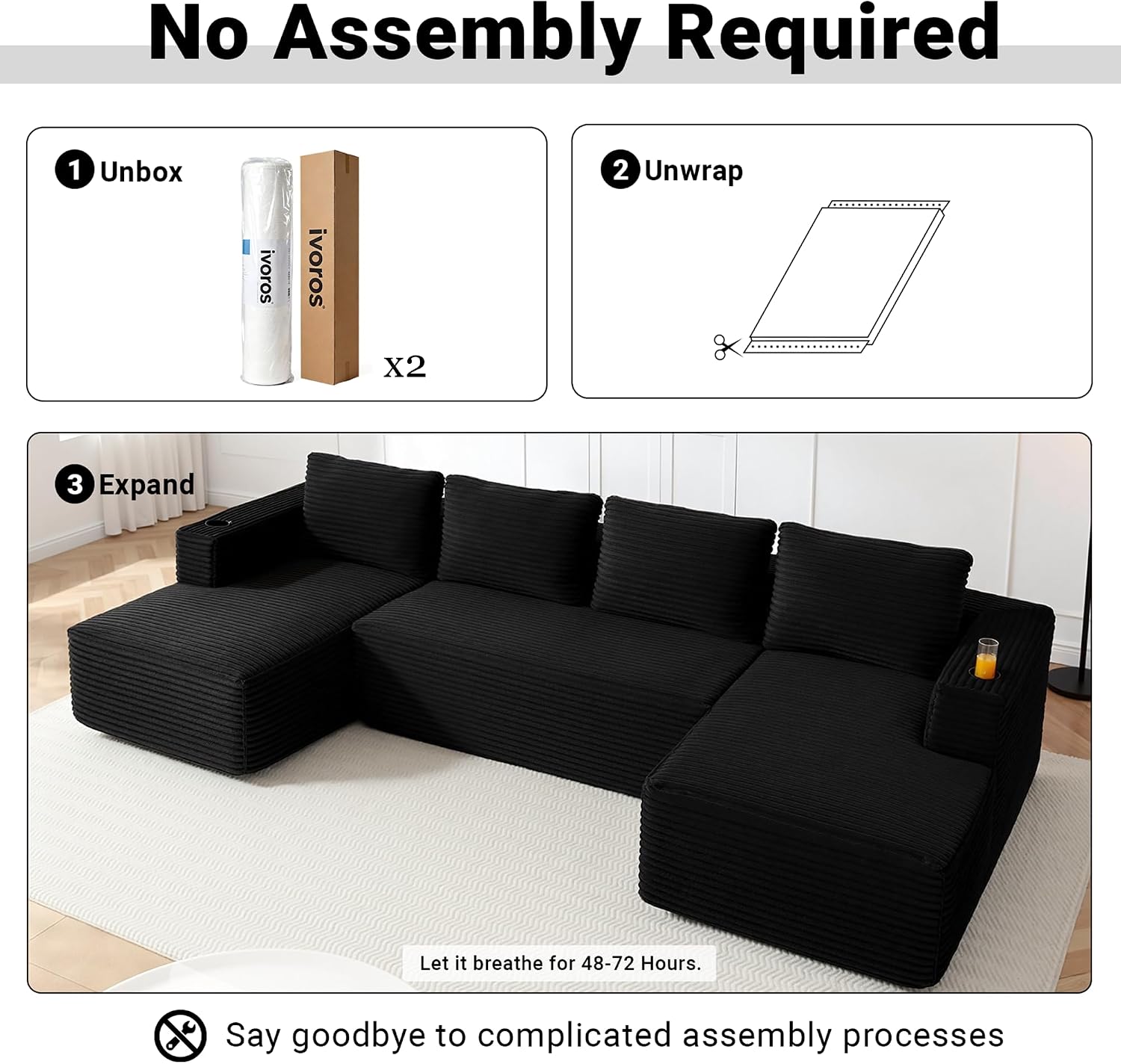 ivoros 125" Cloud Couch Sectional, Modular Sofa with Cup Holder and Storage Pocket, Corduroy U Shaped Boneless Sofas, Couch in a Box, No Assembly Required, Black Couches for Living Room