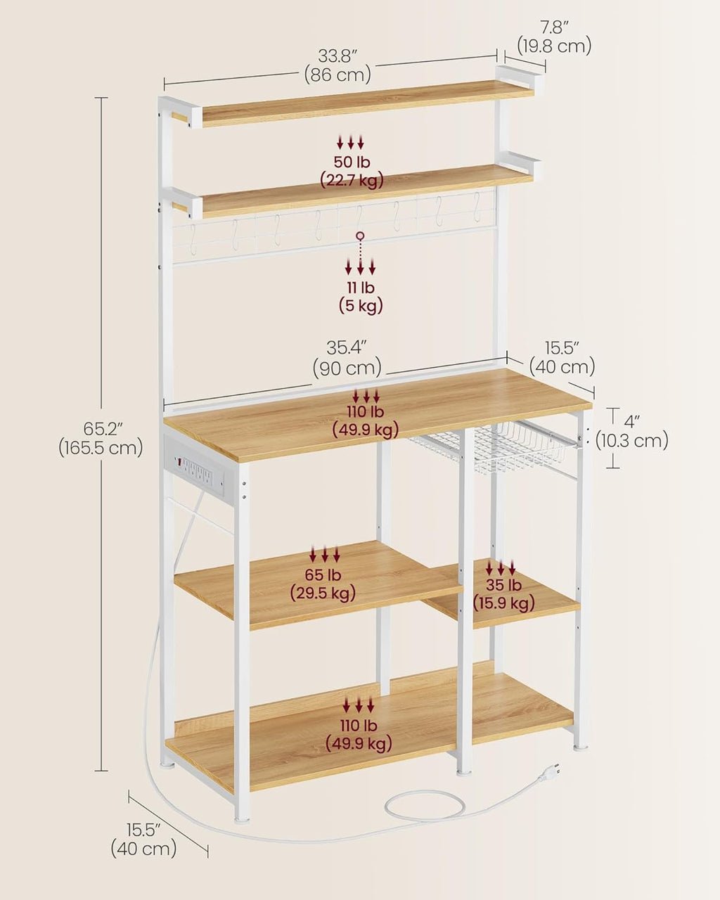 VASAGLE Bakers Rack with Power Outlet, 35.4 Inches Microwave Stand, Coffee Bar, 4 AC Outlets, with Adjustable Shelves, 8 S-Hooks, Basket, Spice Racks, Golden Oak and Cloud White UKKS031Y09