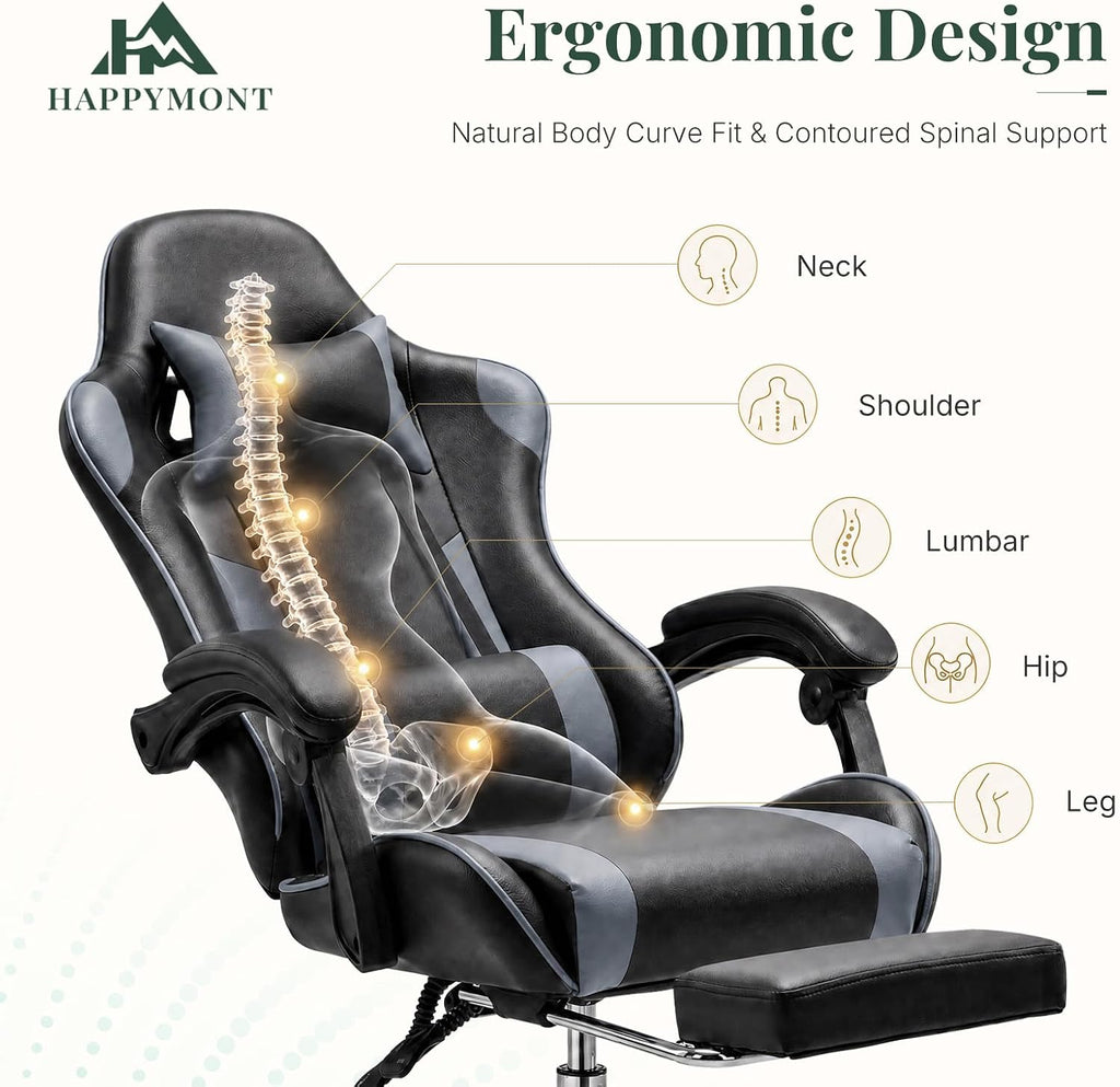Computer Gaming Chair with Footrest, Ergonomic High Back PU Leather Video Racing Chair with Adjustable Headrest & Linkage Armrest, for Office and Home, Adults, Grey