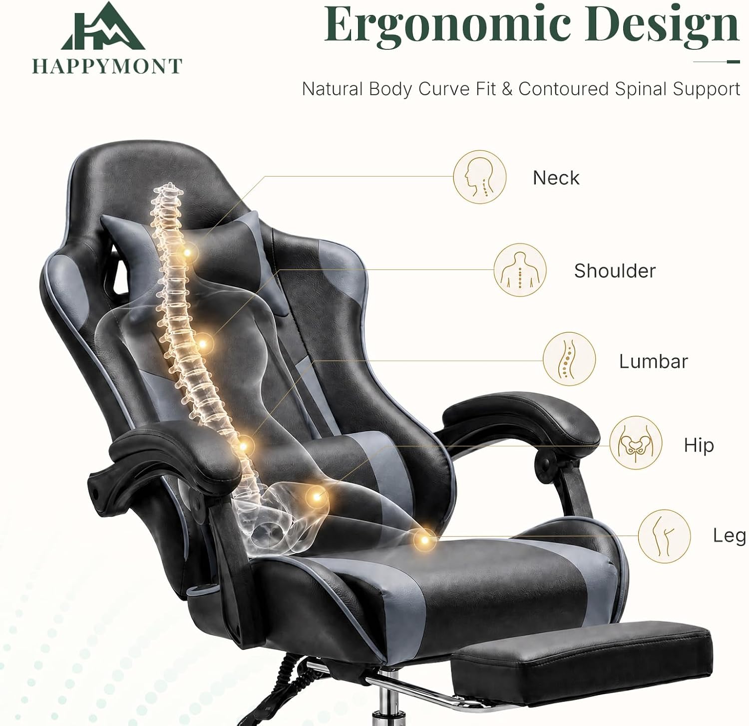 Computer Gaming Chair with Footrest, Ergonomic High Back PU Leather Video Racing Chair with Adjustable Headrest & Linkage Armrest, for Office and Home, Adults, Grey