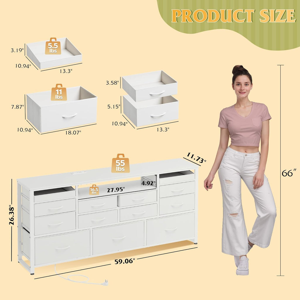 WLIVE Long Dresser for Bedroom, TV Stand for 55, 60, 65 Inch TV, 13 Drawer Wide Fabric Dresser with Wood Top, Large Storage Chest of Drawers for Living Room, Hallway, Closet, White