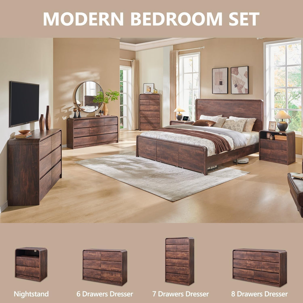 Aitjunz 25" Tall Modern Nightstand with Charging Station, 23.6'' Wide Wood Bedside Table w/2 Storage Drawers, Large Mid Century End Table for Bedroom, Living Room, Curved Profile Design, Brown