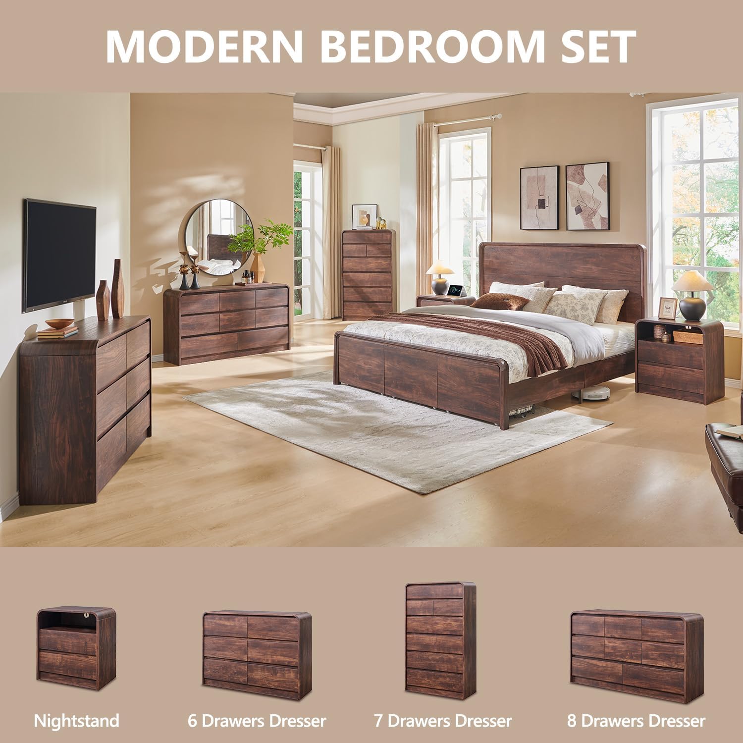 Aitjunz 25" Tall Modern Nightstand with Charging Station, 23.6'' Wide Wood Bedside Table w/2 Storage Drawers, Large Mid Century End Table for Bedroom, Living Room, Curved Profile Design, Brown