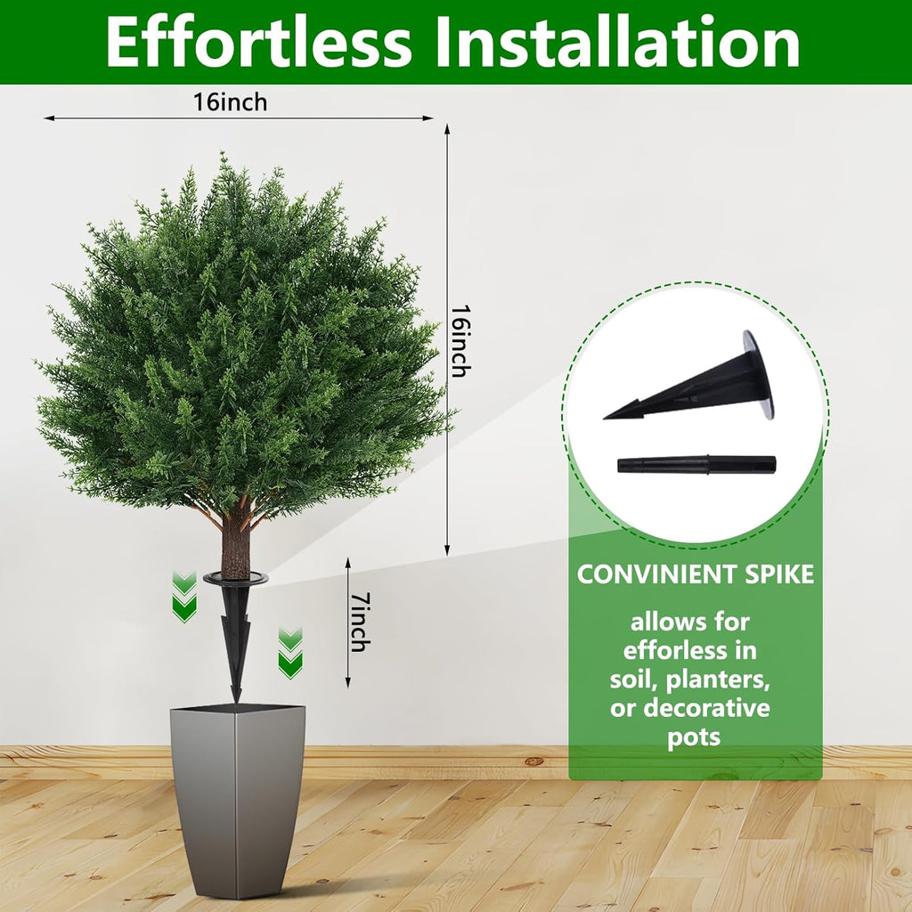 Yangrass Artificial Set of 4 Cedar Topiary Trees with Ground Spike, 4 Pack Artificial Plants with UV Resistant, Faux Evergreen Tree for Indoor Outdoor