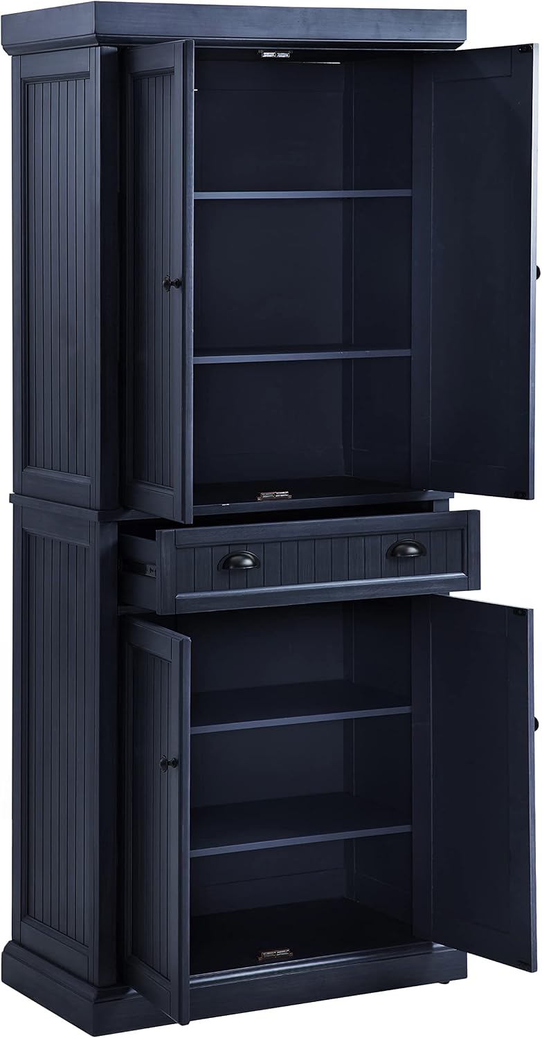 Crosley Seaside Hall Tree Entryway Bench Coat Rack Shoe Cabinet and Kitchen Pantry Cabinet Distressed Navy