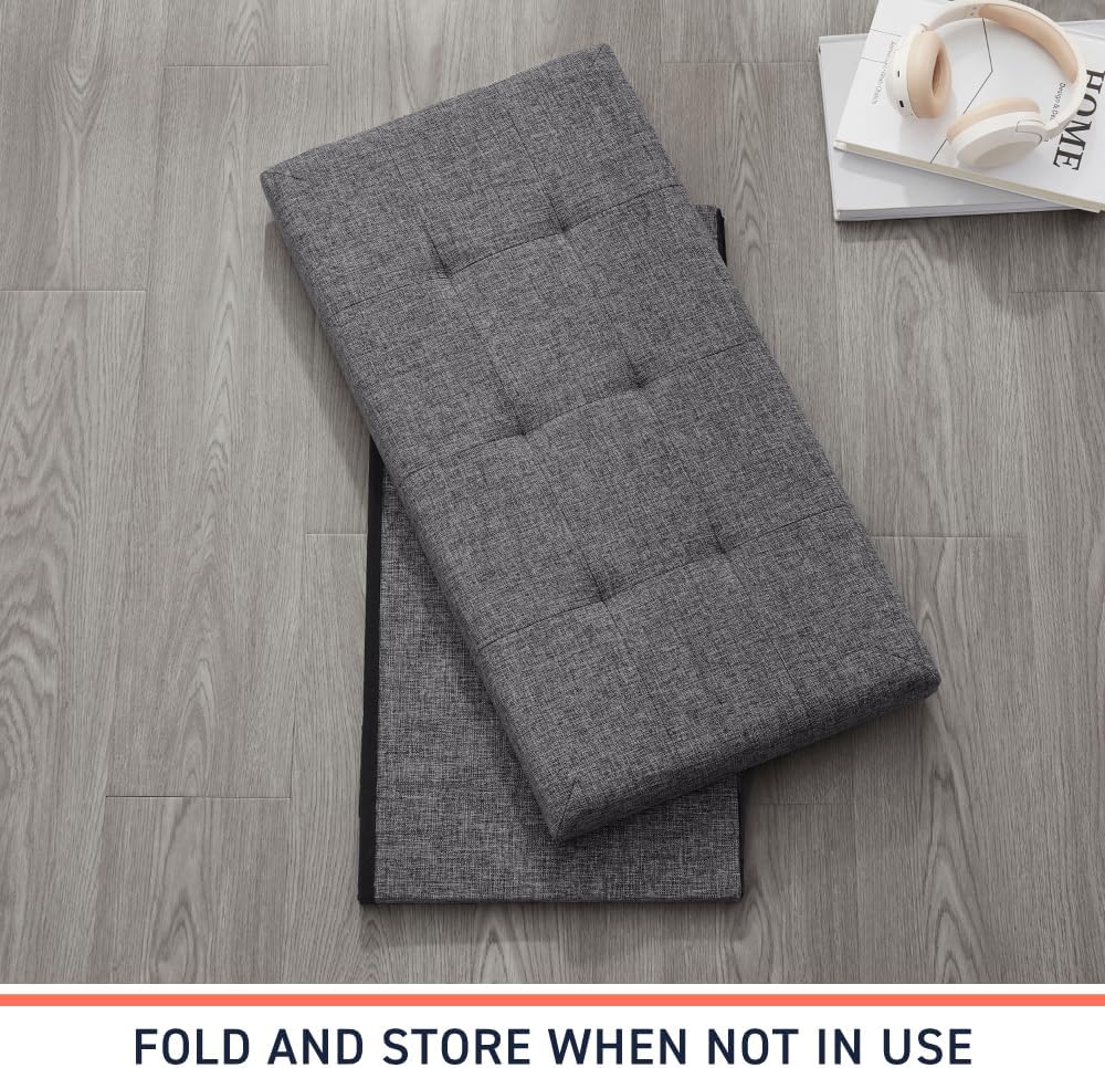 Ornavo Home 30 Inch Folding Storage Ottoman Bench, Tufted Linen, Dark Gray | Upholstered Large Ottoman with Lid; Foot Rest Stool; Ideal for Bedroom, Living Room or Entryway
