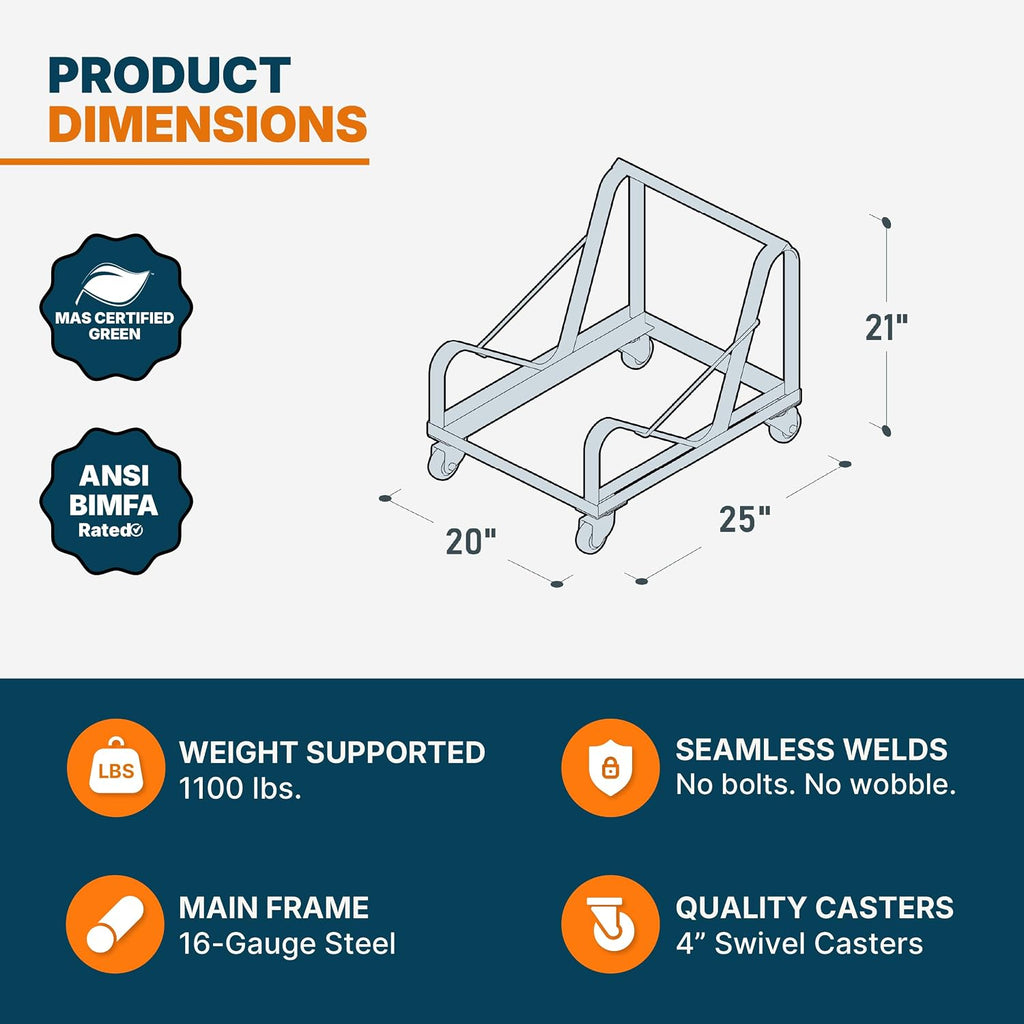 OEF Furnishings OEFDY86 Stack Chair Dolly, Heavy Duty Steel Cart (Vertical Cradle, Fits OEF8600 Series and Similar Sized Stack Chairs, 1100 lb Weight Capacity, Swivel Casters)