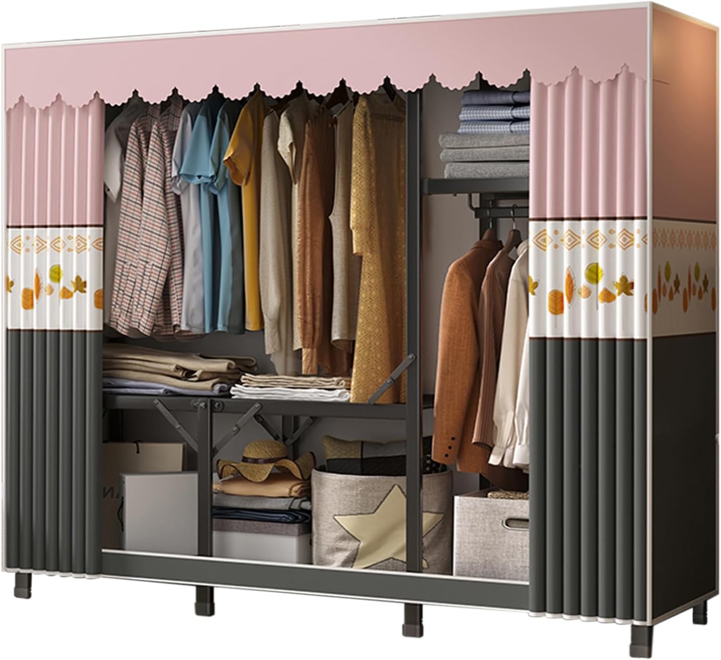 Folding Wardrobe,Fabric Cabinet,Foldable Coat Rack with Clothes Rails,Cloth Wardrobes for Bedroom Single,Canvas Folding Wardrobe Storage,Pink Gray