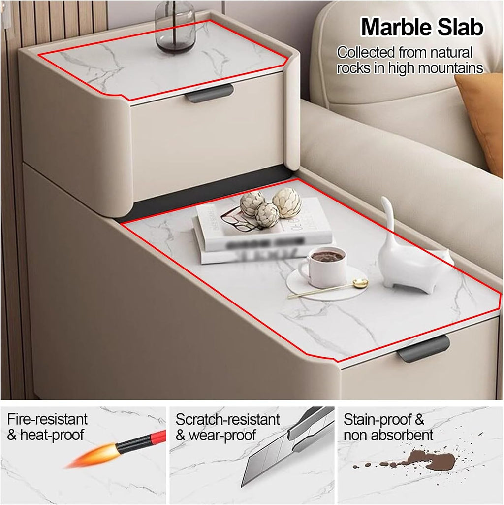 Modern Sofa Side Table with 3 Drawers, PU Leather Nightstand with Silent Rails, Pine Wood Frame, for Small Spaces, Living Room Bedroom(Gray,31.5x11.8x30.7in)