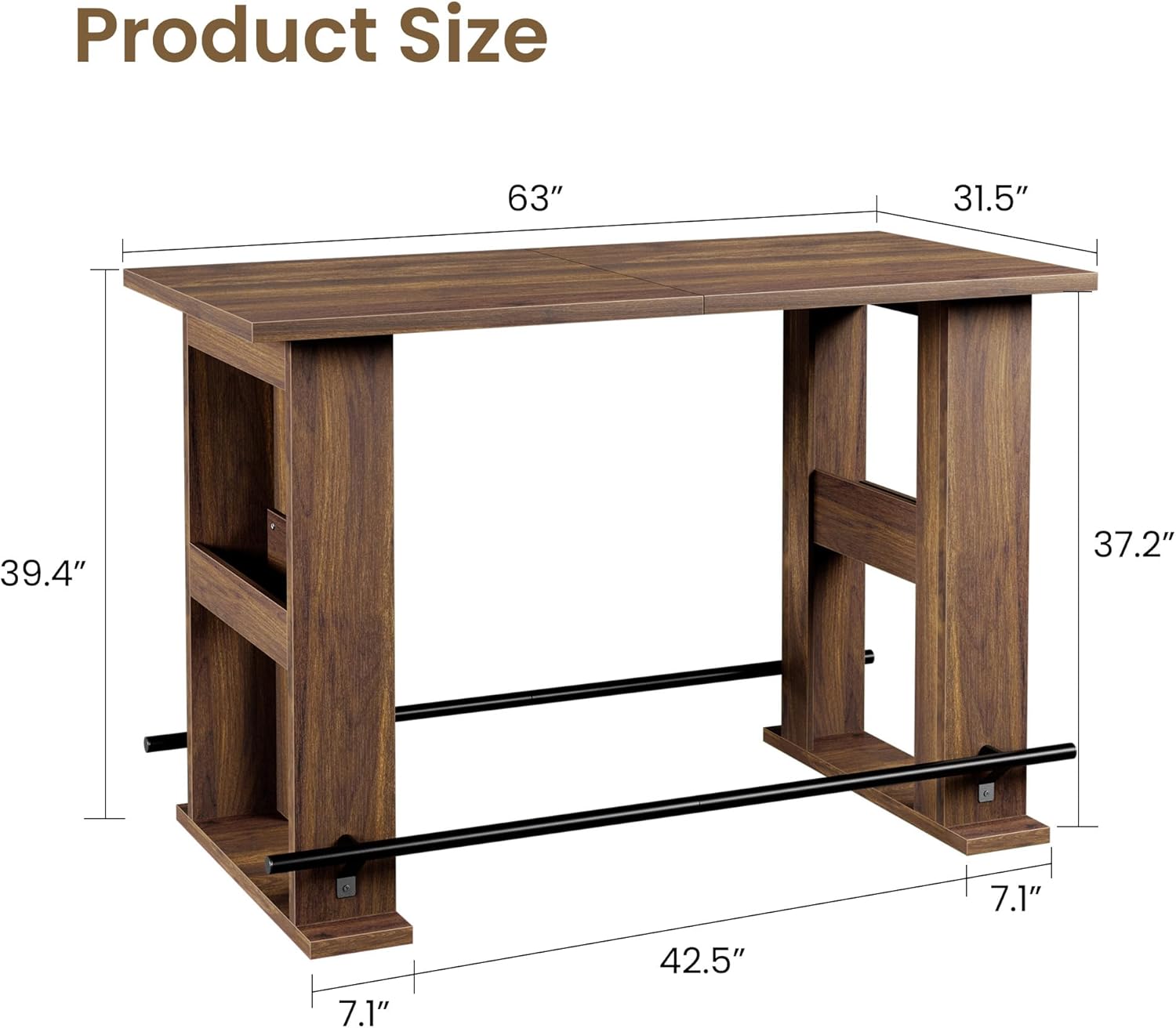 Garvee 63-Inch Bar Table, Wooden Home Coffee Bar Unit with Storage, Farmhouse Counter Height Pub Table with Metal Footrest for Home Kitchen, Dining Room, Bistro, Living Room, Walnut