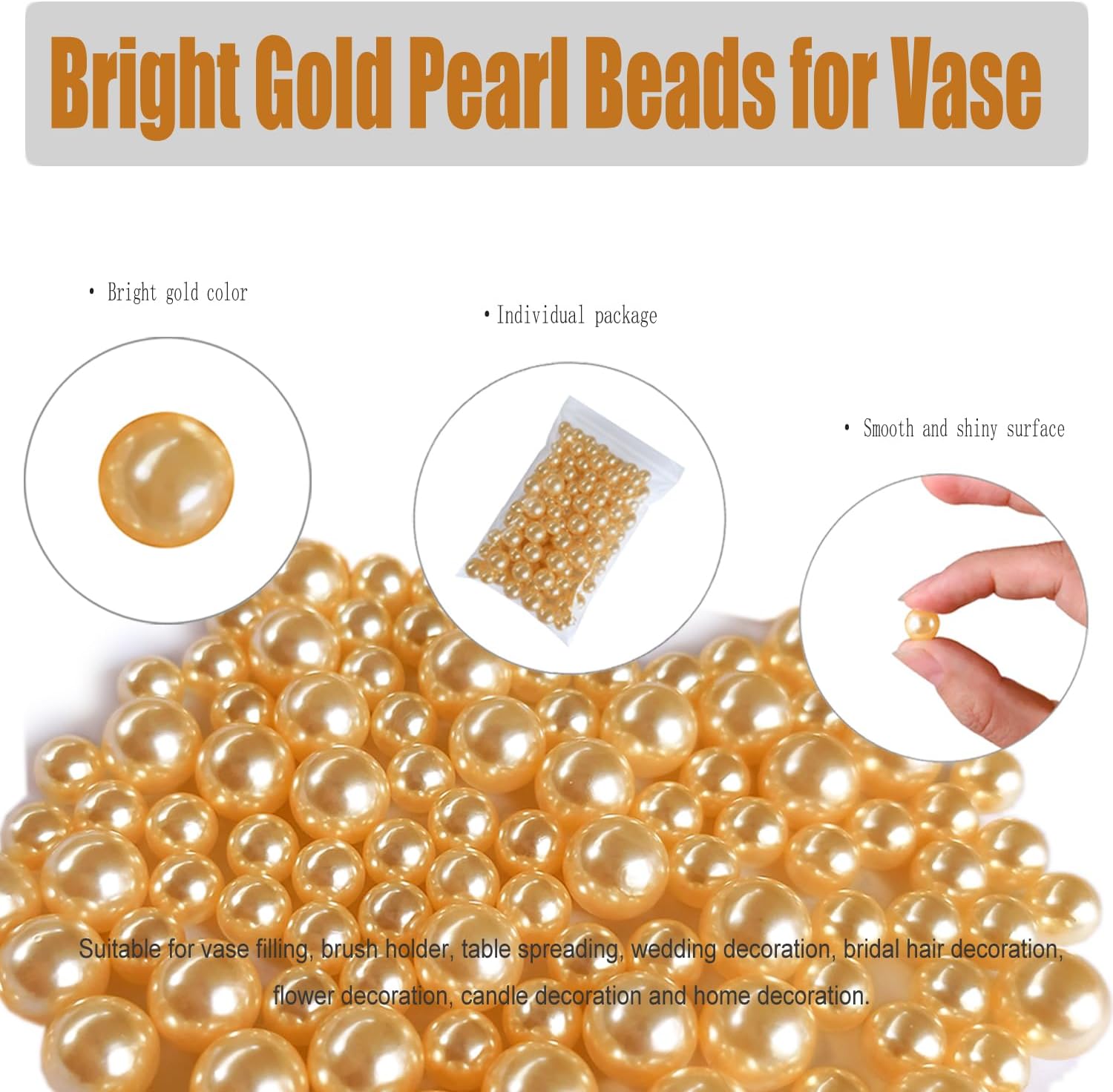 140pcs Gold Pearl Beads for Vase Filler Makeup Brushes Holder Assorted Round Faux Pearl Beads for Home Wedding Decor 10/14mm