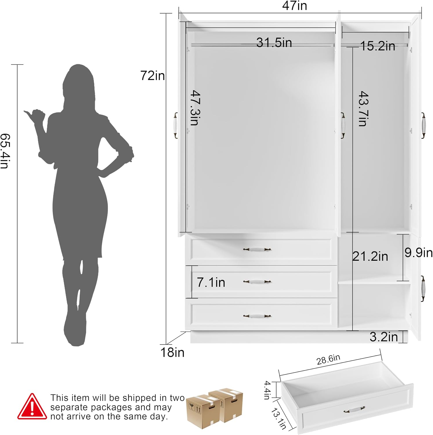 72" Wooden Armoire Wardrobe Closet with 3 Door White Bedroom Armoire with LED Light 3 Drawers Large Modern Wardrobe Cabinet with Retro Ceramic Door Handles and Removable Hanging Rod