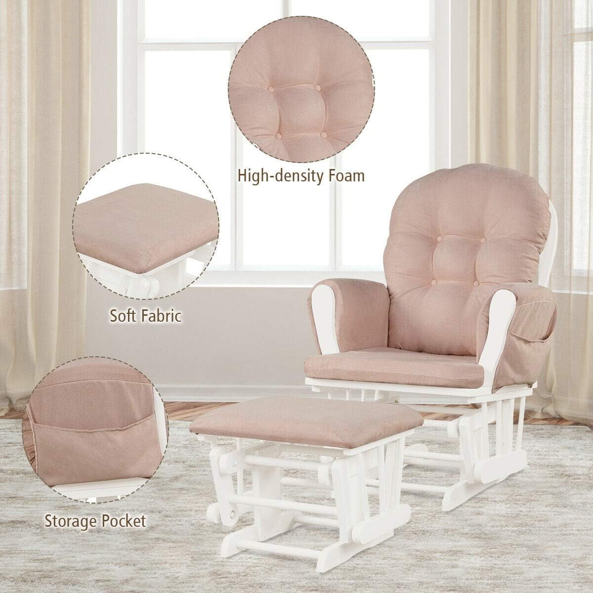 Nursery Rocking Chairs Nursery Glider Rocking Chair Wood Baby Rocker with Ottoman Cushion Upholstered Nursing Chair with Padded Arms (Pink)