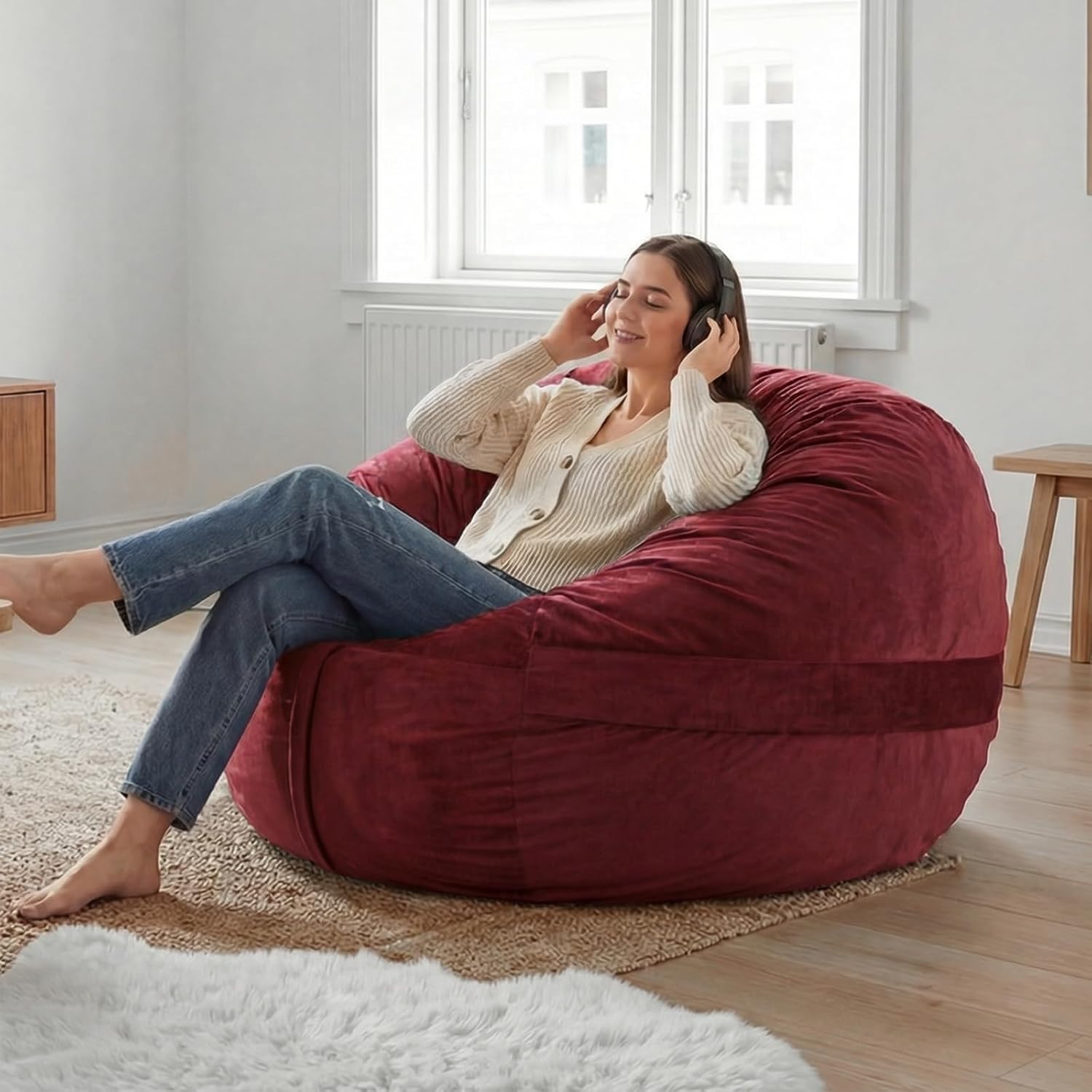 YuppieLife 4FT Foam Filled Bean Bag Chair, Lazy Sofa for Adults, Red | Ready to use, 2-in-1 design: bean bag or sofa mode, Dutch velvet cover, Machine washable, Comfortable