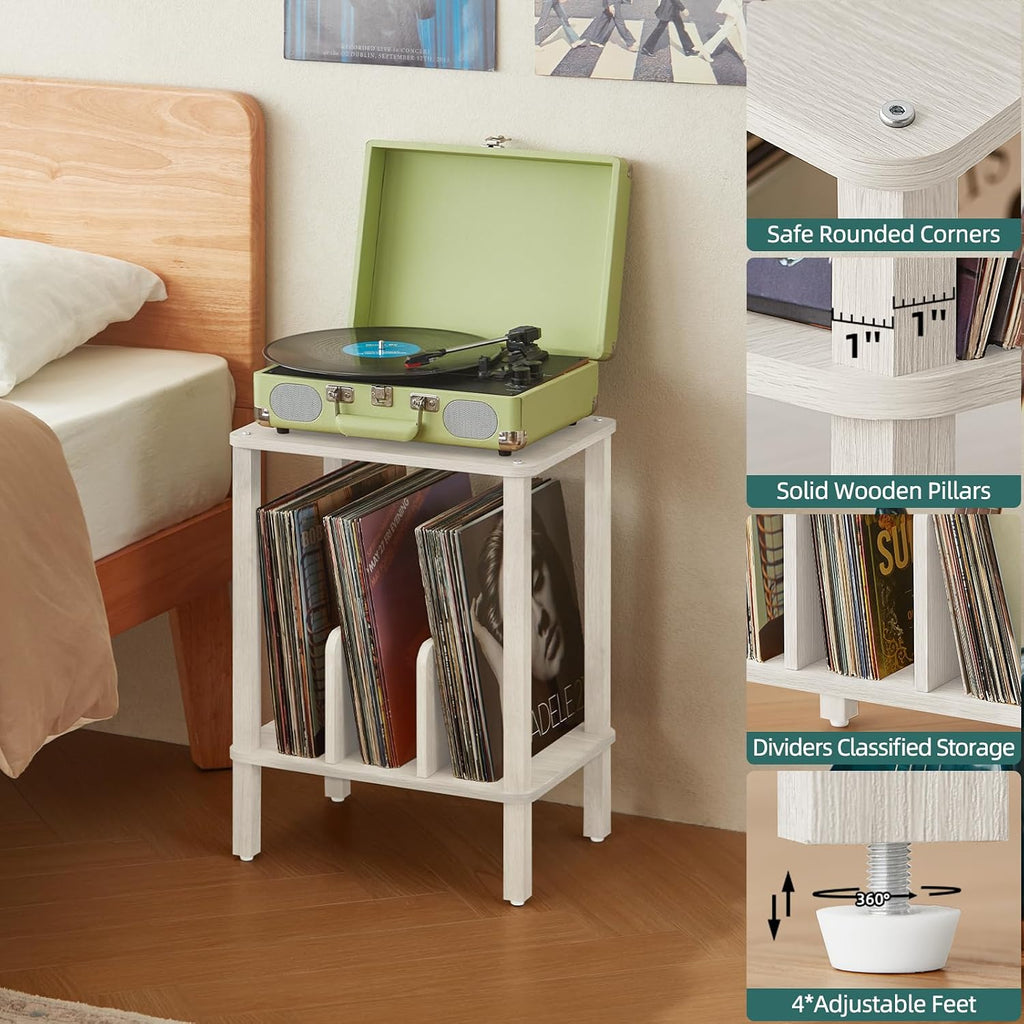 LELELINKY 2-Tier Record Player Stand with Vinyl Record Storage up to 100 Albums, Bedroom Record Holder and Multi-Functional End Table for Living Room, Grey White