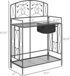 Outsunny Folding Potting Bench Table, Metal Garden Workstation, Work Bench with Large Built-in Bag with Cover, 5 Hanging Hooks & Storage Shelf, Leaf Pattern