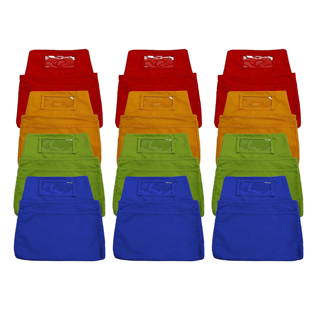 Factory Direct Partners 13872-302 Student Seat Companion, 2 Pocket Olefin Fabric Organizer for Chairback with Kid"s Name Tag Holder; Storage for Classroom School Supplies, Large (12-Piece) - Assorted