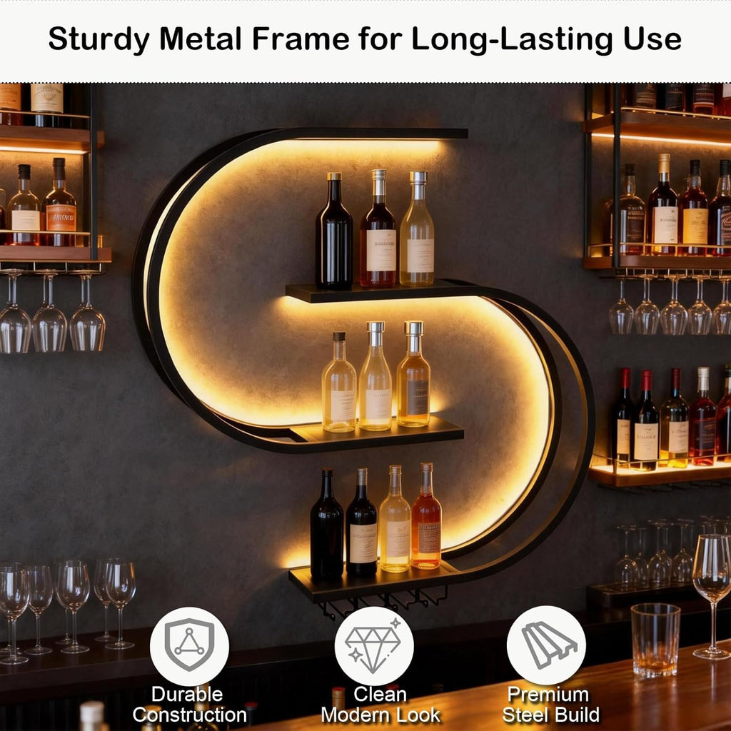 47.24in Wall Mounted Wine Rack, with LED Light Half Round Multi-Tier Iron Wine Bottle Display Rack with Wine Glass Hooks, for Kitchen, Bar, Cafe (Black,47.24 * 7.87 * 47.24INCHES)