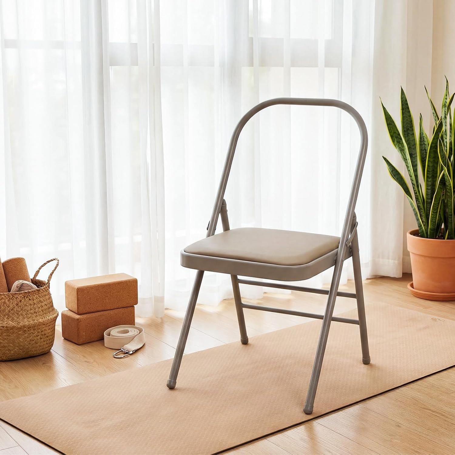 RattanView Yoga Auxiliary Chair with Lumbar Back Support Backless Folding Metal Foldable Flexibility Exercise Chair Balance Handstand Training Tool for Back Pain Relieving Strength Training