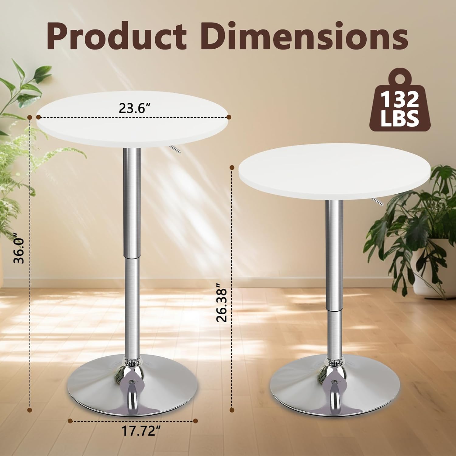 CLATINA Round Bar Table, Height Adjustable 26"-36" Bistro Pub Table with Metal Base, 360° Swivel High Top Cocktail Table for Kitchen, Home, Restaurant, Cafe, Wedding, Party, Reception，White