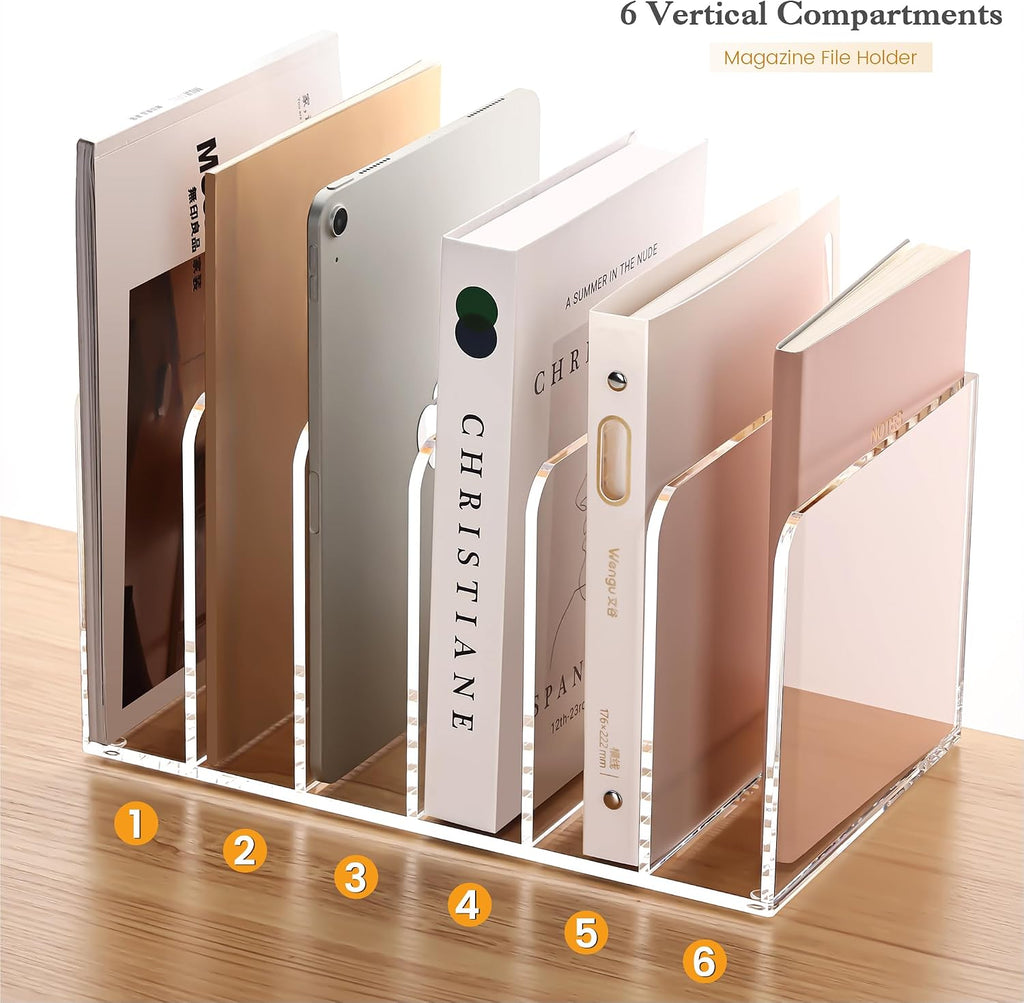 YUXUN Acrylic Magazine Holder,Clear Desk Organizer File Sorter for Notebook,Paper,Envelope,Magazine, Book Storage-Office/Home/Classroom Organization(6 Compartments,B5)