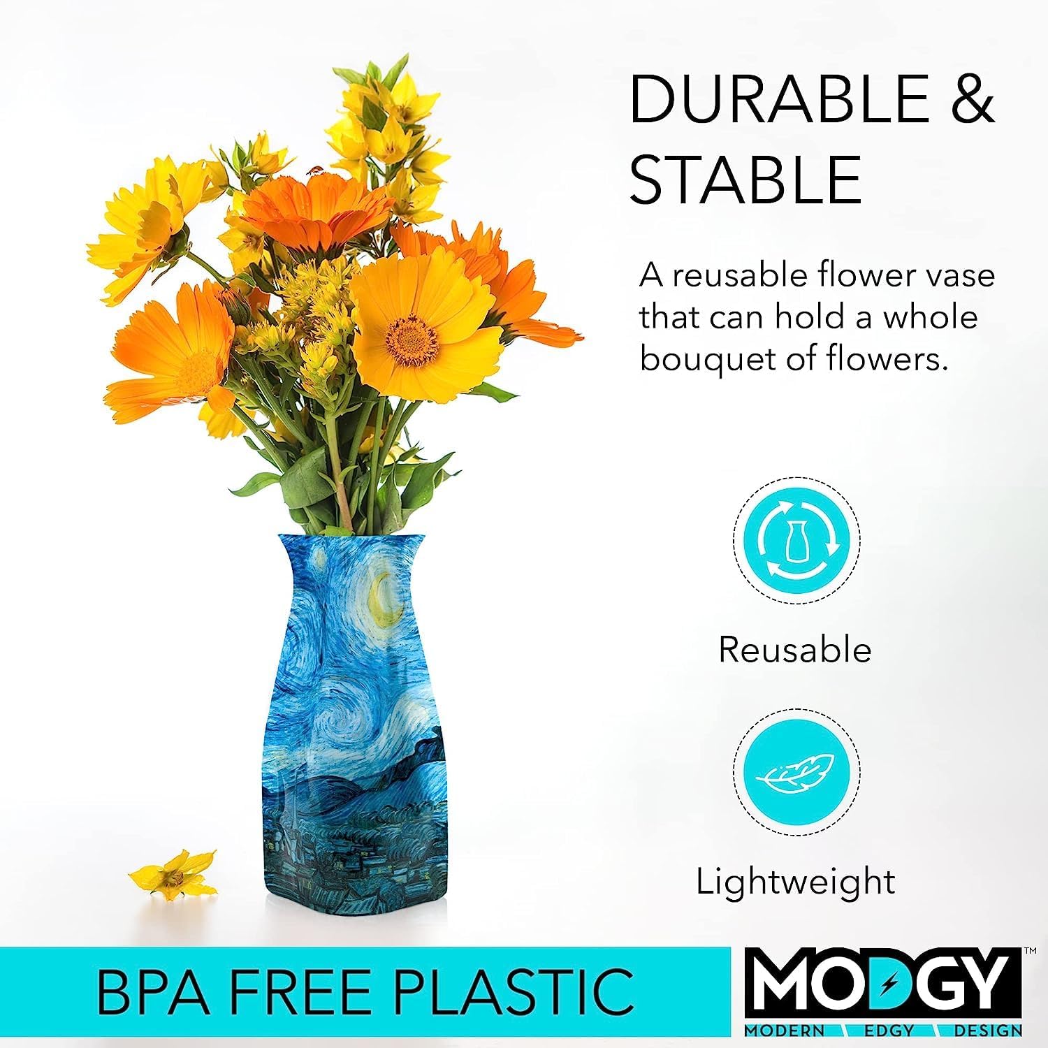 MODGY Collapsible and Expandable Plastic Flower Vase, Unbreakable, Foldable, Decorative Modern Centerpieces, Table Decorations, Van Gogh Starry Night, 1 Pack
