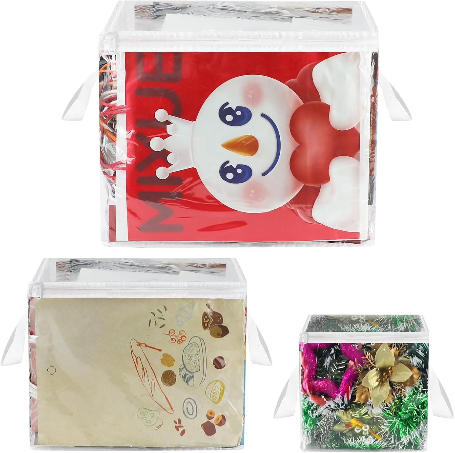 3 Pack Clear Zippered Gift Bag Storage Organizer with Handles,Organize Your Gift Wrap,Tissue Paper, Tape,Bow, Ribbon,Card,Ornament-Christmas Wrapping Supplies Storage Bag-3 Different Sizes（L+M+S)