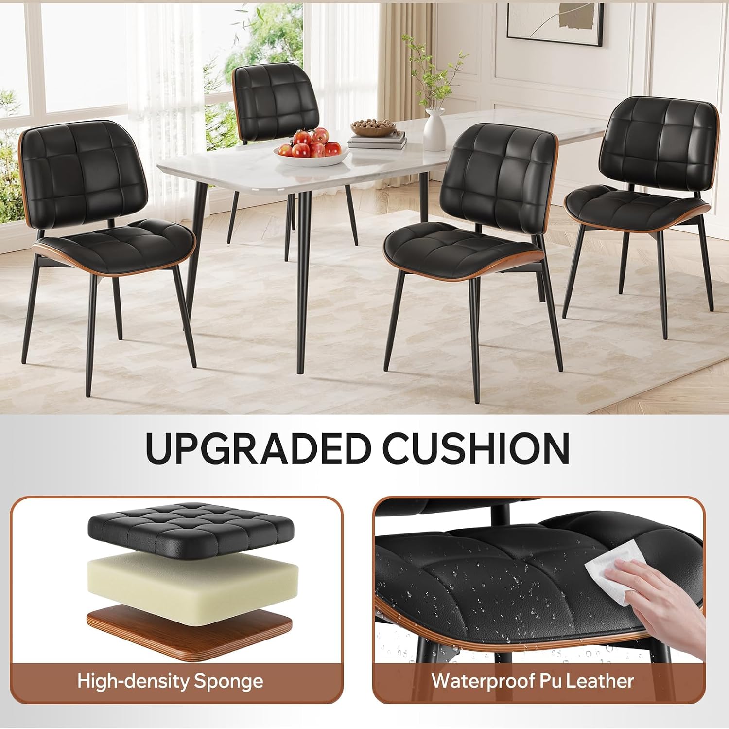 Dining Chairs Set of 2, Mid Century Modern Dining Room Chair, Upholstered Faux Leather Kitchen Chairs with Thick Cushion and Walnut Bentwood Back for Kitchen Dining Room, Black