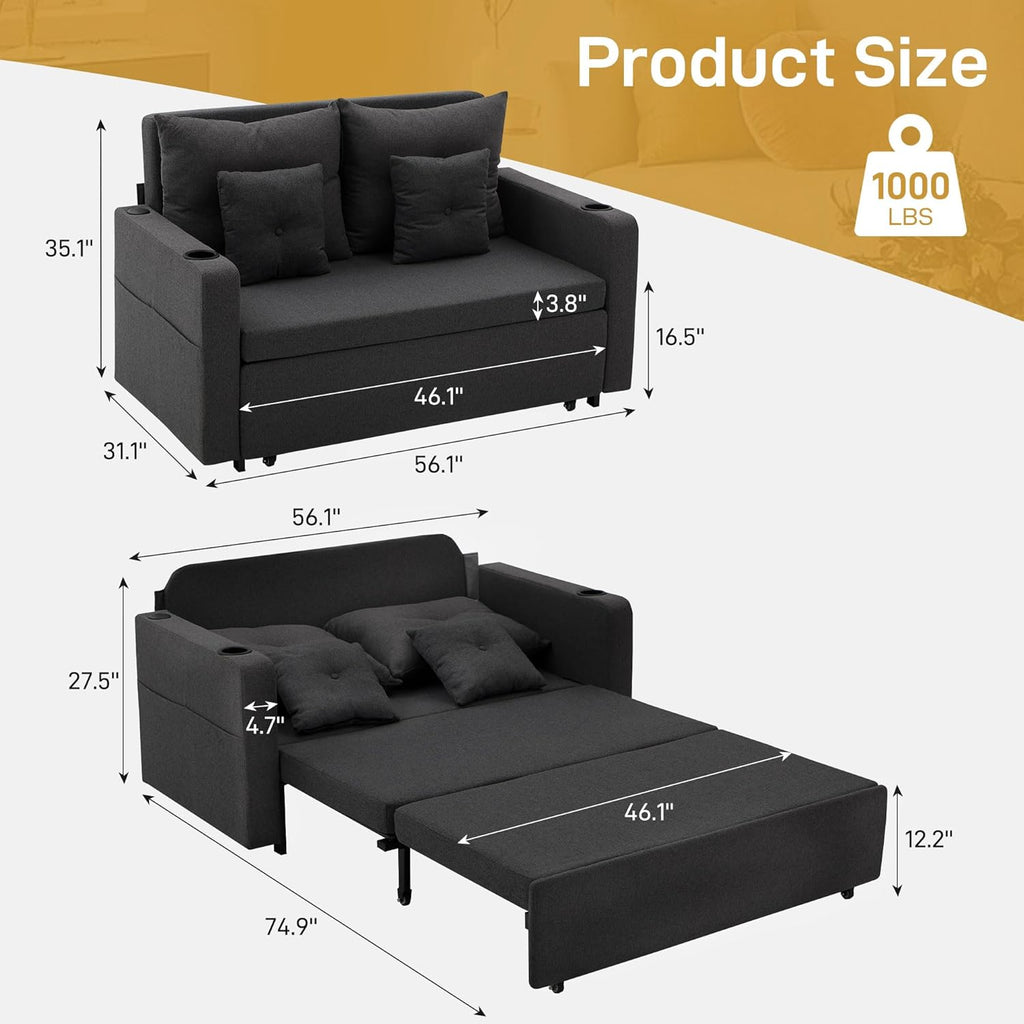 Busaurus Sleeper Sofa Bed, Convertible Pull Out Couch, 56" Full Size Loveseat Sleeper Sofa with 4 Pillows, Pocket & USB, Small Couch Bed for Small Spaces, Bedroom, Apartment, Living Room, Linen Black