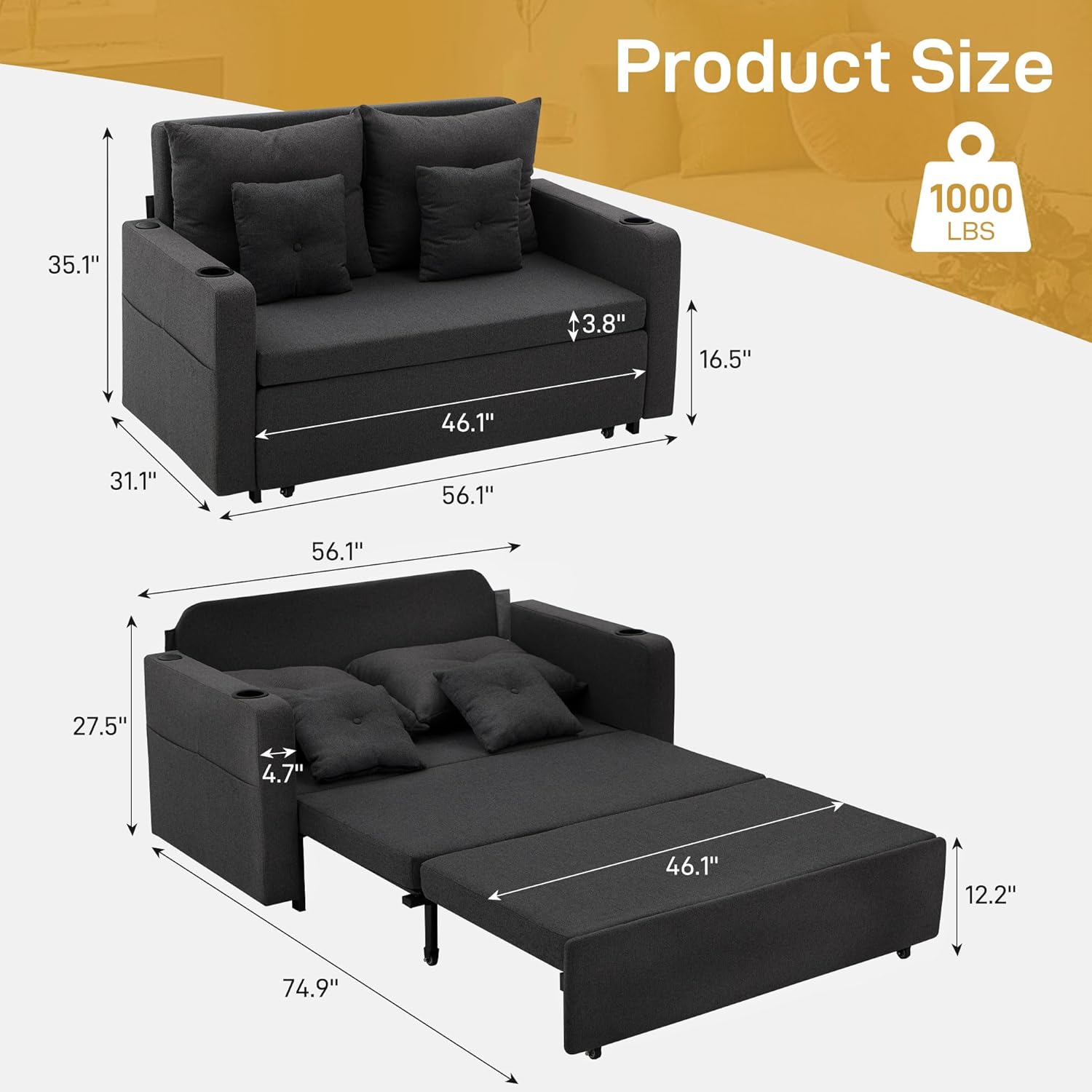 Busaurus Sleeper Sofa Bed, Convertible Pull Out Couch, 56" Full Size Loveseat Sleeper Sofa with 4 Pillows, Pocket & USB, Small Couch Bed for Small Spaces, Bedroom, Apartment, Living Room, Linen Black