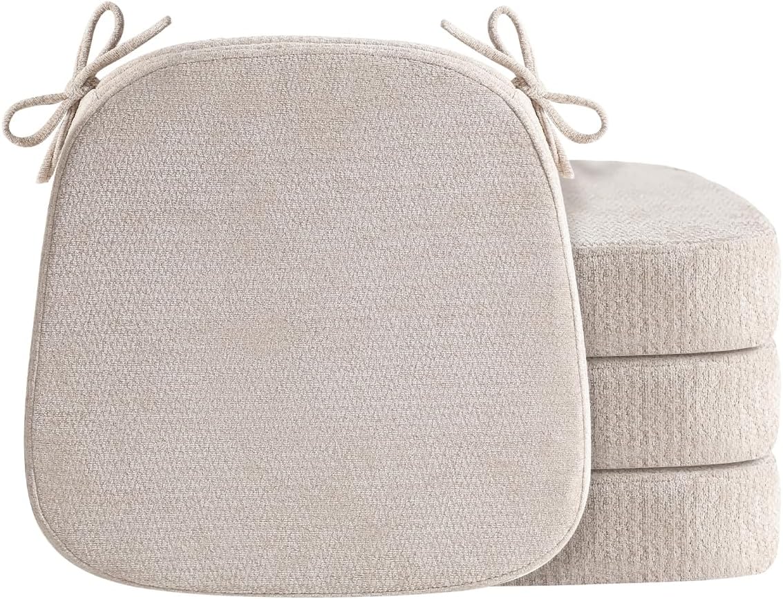 D-Shaped Chair Cushions for Dining Chairs, 2.5” Thick Chair Pads with Washable Comfortable Textured Cover, Non Slip Kitchen Chair Cushions with Ties, 16.5" x 16.5", 4 Pack, Beige