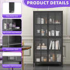 Metal Sideboard Buffet Cabinet with Storage, H63 Tall Kitchen Cabinet with 4 Tempered Doors and Shelf, Steel Coffee Bar Storage Cabinet for Kitchen Dining Living Room