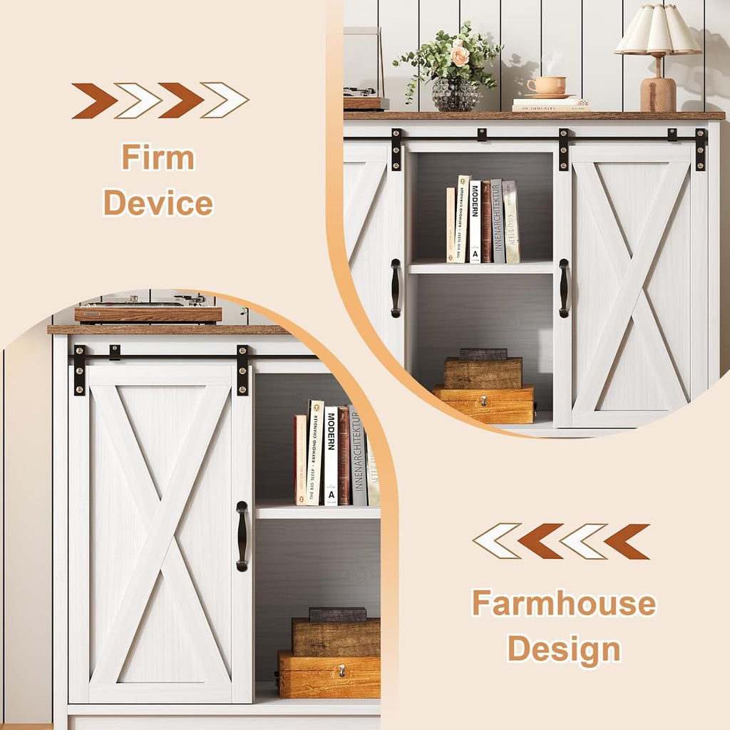 4 EVER WINNER Farmhouse Coffee Bar Cabinet, 42" Buffet Cabinet with Storage and Adjustable Shelf for Small Spaces, Coffee Station Cabinet with Sliding Barn Doors for Kitchen, Dining Room, White