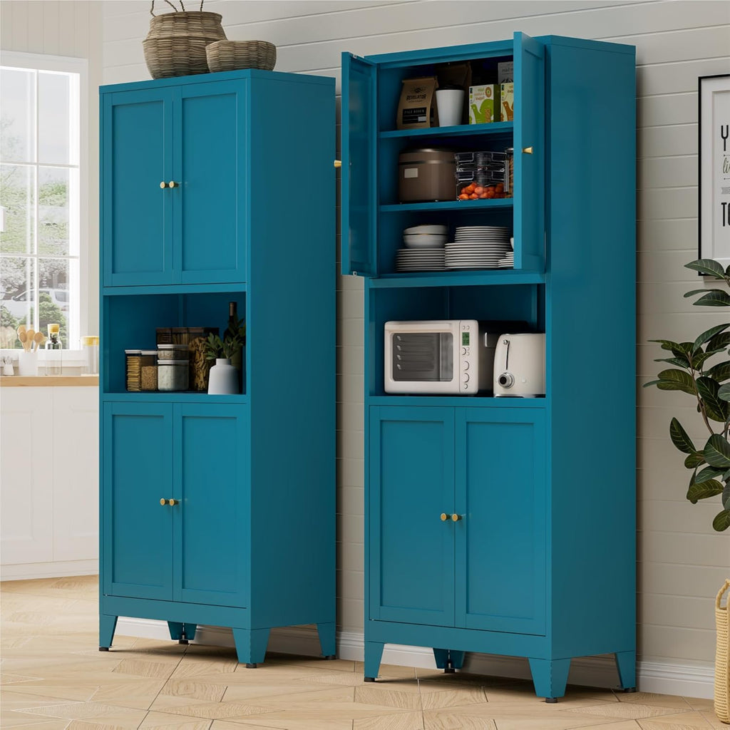 Bevivog Tall Pantry Cabinet with Microwave Shelf, 69" Metal Storage Cabinet with 4 Doors and Adjustable Shelves,Freestanding Metal Kitchen Hutch Cabinet, Blue Pantry Closet Storage Shelves with Doors
