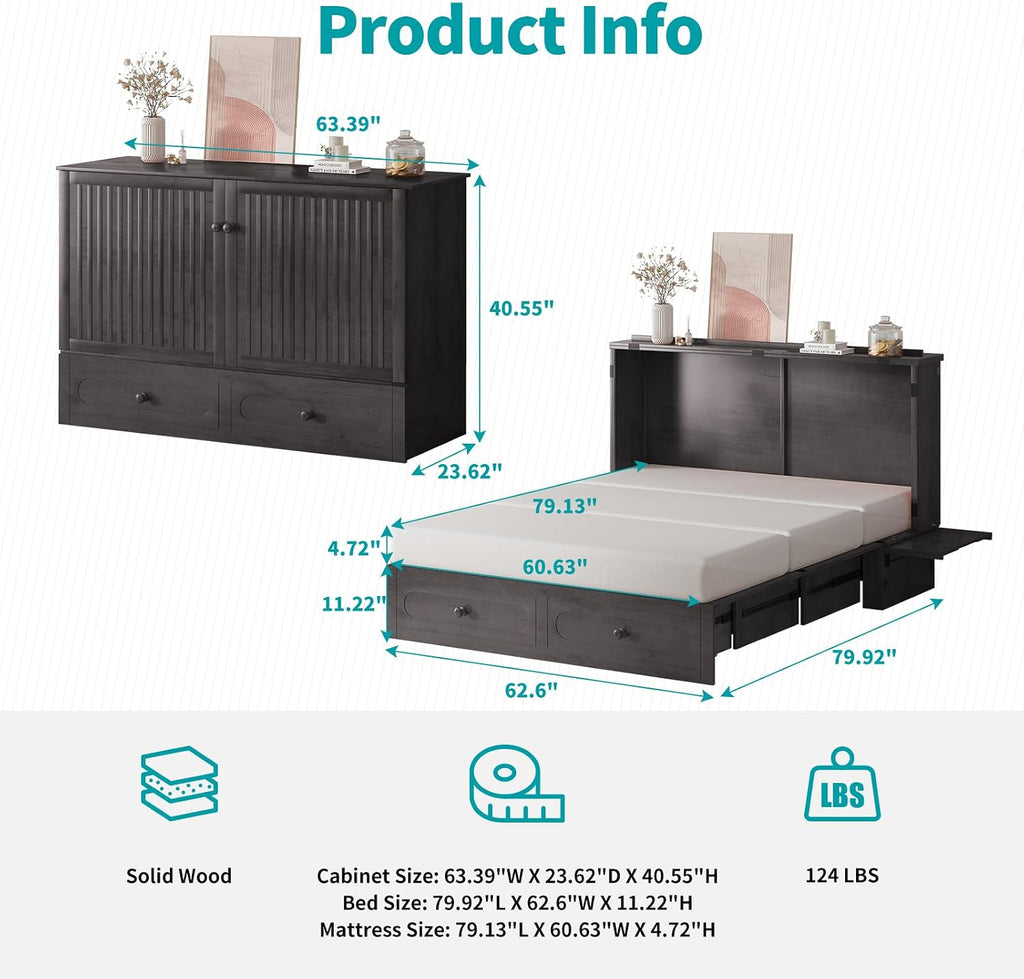 BALUS Queen Murphy Bed with Tri-fold Mattress, USB Charging Station, Murphy Cabinet Bed with Storage Drawer, Space-Saving Hidden Cabinet Chest Beds for Guest Room Living Room, Dark Grey