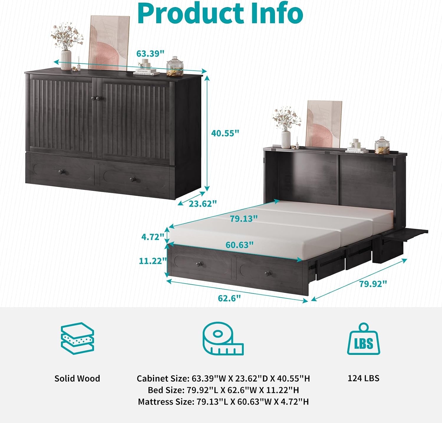 BALUS Queen Murphy Bed with Tri-fold Mattress, USB Charging Station, Murphy Cabinet Bed with Storage Drawer, Space-Saving Hidden Cabinet Chest Beds for Guest Room Living Room, Dark Grey